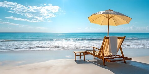 Relaxing beach setting with a sun lounger and umbrella under bright blue skies