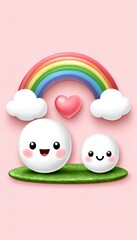 Obraz premium Adorable Mochi Characters Under a Rainbow on Pink Background