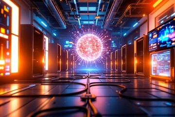 A futuristic data center hums with vibrant neon lights and a glowing central data core, symbolizing advanced computing.