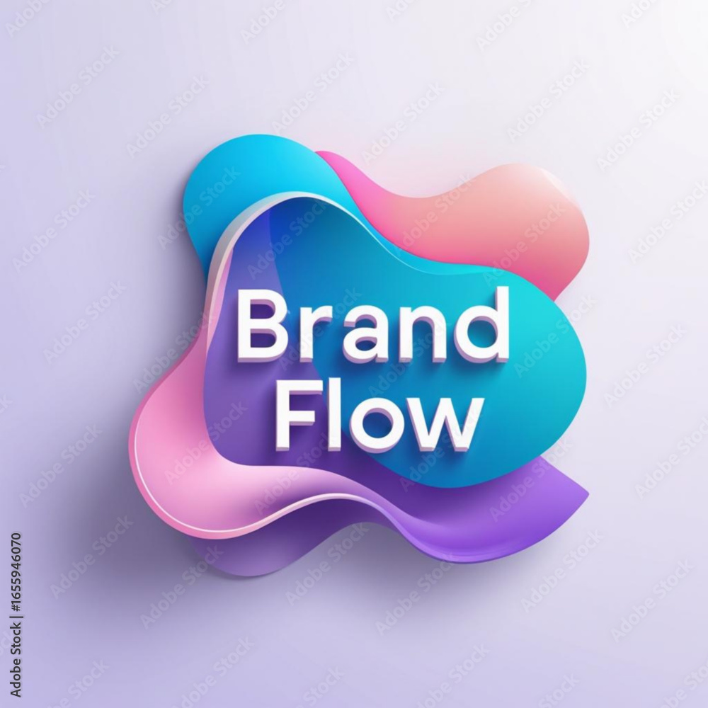 Poster text overlay on fluid shapes in blue pink and purple with shadow effect on light gray background des