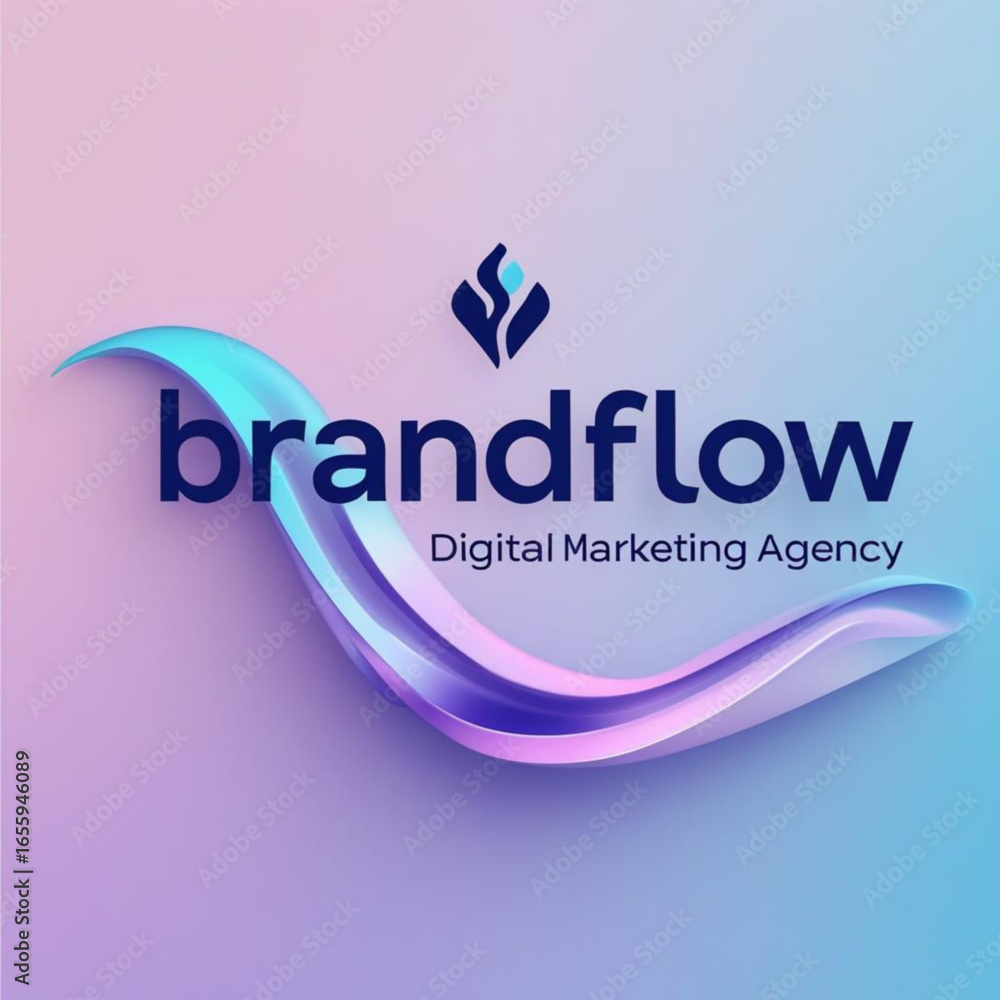 Poster logo featuring the word brandflow with a flame icon and a wavy line on a gradient background design 