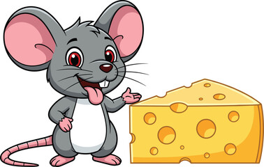Cartoon mouse, cheese slice, vector illustration, cute animal, happy expression, food mascot, cheese lover, clipart, character design, snack icon