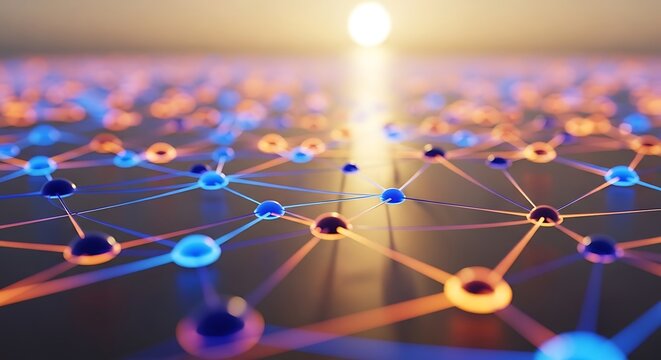 An abstract, interconnected network of glowing blue and orange spheres, symbolizing data, technology, and complex systems.