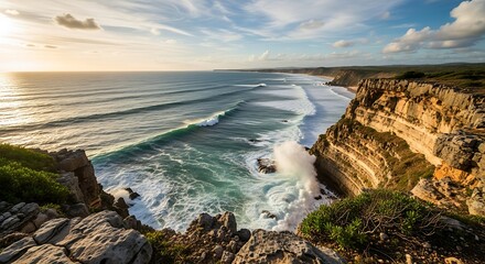 Obraz premium Dramatic Cliffside Ocean View at Sunset.