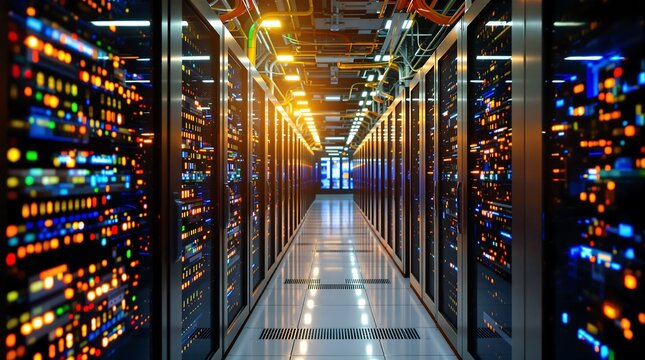 An illuminated hallway showcases rows of blinking server racks in a high-tech data center.