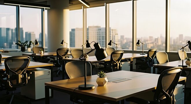 A modern, empty office space with an open-plan layout bathed in warm sunset light, offering panoramic city views.