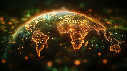 An illustration of Earth with glowing connections, showcasing the intricate web of global communication and data transfer, highlighting technology's role in international interaction.