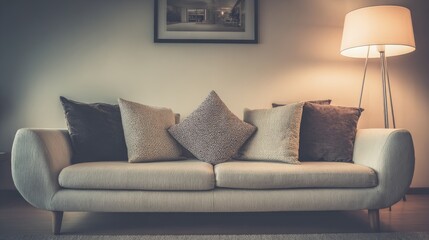 Modern beige fabric sofa with tapered wooden legs, adorned with colorful cushions, black and white framed artwork,