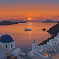 Obraz premium Santorini Sunset with Cruise Ship
