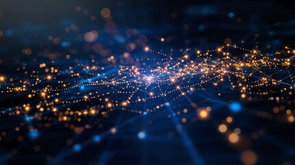 An abstract digital visualization showcasing interconnected network lines and glowing data particles against a dark background.