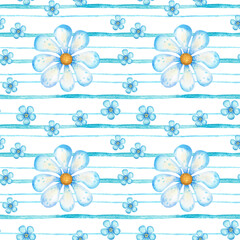 Seamless watercolor floral pattern with blue daisies and small forget-me-nots on stripes. Hand-drawn botanical design for fabric, wallpaper, packaging, summer decor and craft projects.