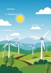 Fototapeta premium Wind Turbines Powering a Sustainable Future Amidst Rolling Hills and Clear Blue Skies