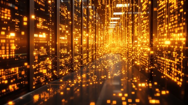 A futuristic digital corridor lined with glowing server racks, representing vast data processing and network connections.