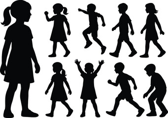 children silhouettes, playful poses, running jumping, walking stance, black outline, white background, vector art, childhood activity, energetic motion, fun gesture