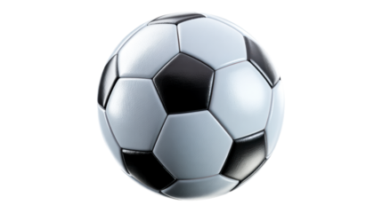 Classic black and white soccer ball viewed from the front on white background, cut out transparent