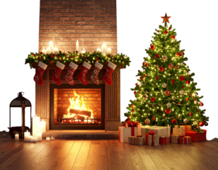 Cozy Living Room Christmas Scene with Fireplace, Transparent PNG