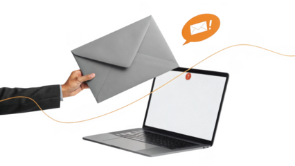 Hand sending a gray envelope to a laptop with a video call icon isolated on transparent background