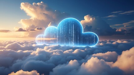 A luminous digital cloud containing intricate data structures floats above a sea of natural clouds at sunset, symbolizing cloud computing.