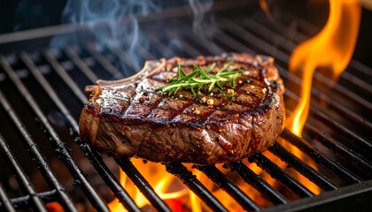 Sizzling steak on a hot grill