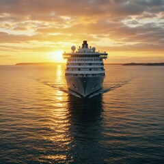 Naklejka premium Cruise ship sailing into a beautiful golden sunset