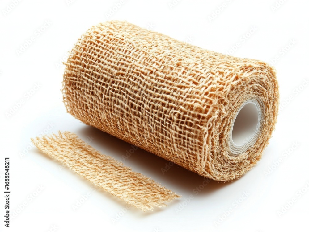 Poster rustic burlap fabric roll on white background burlap fabric roll rustic background jute textile tan