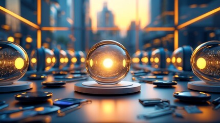 A futuristic display of glowing glass orbs representing advanced data and innovation in a sleek, modern environment.