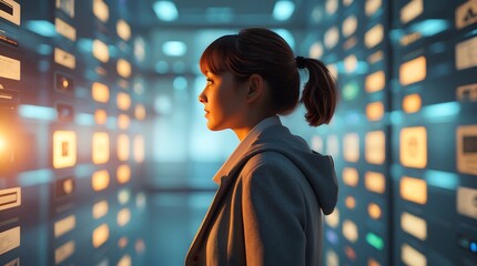A woman observes glowing digital data displays in a futuristic technological environment.