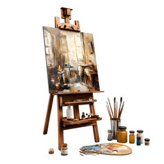 An artist's studio setup with easel painting and art supplies against a transparent backdrop.