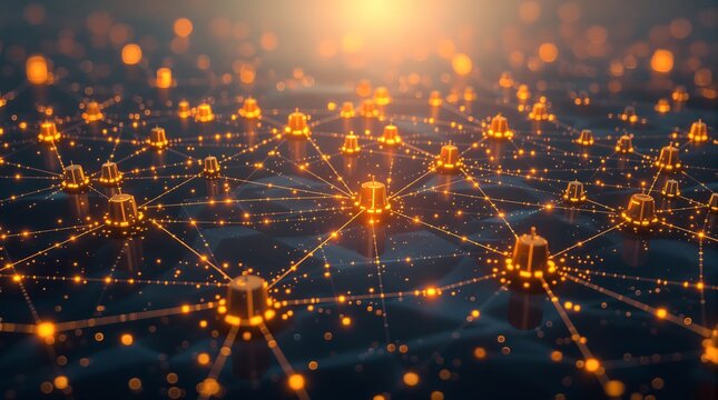 An abstract visualization of a glowing, interconnected digital network with nodes and data pathways against a dark background.