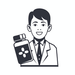 Cartoon Doctor Holding Pill Bottle Isolated on White
