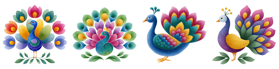 Happy diwali clipart watercolor, A vibrant display of colorful peacock illustrations showcasing intricate feather designs and artistic details in various poses.