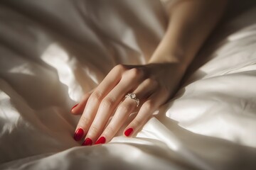 Gentle Touch. Feminine Hand Resting on Satin-Like Silk