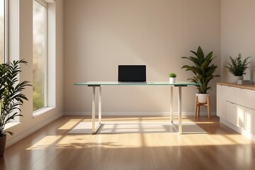 A bright and minimalist home office with a glass-top desk, laptop, and abundant natural light.