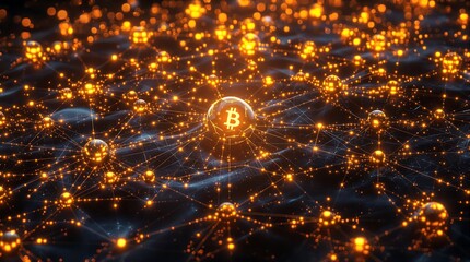 A glowing, interconnected digital network with a central Bitcoin symbol representing cryptocurrency and blockchain technology.