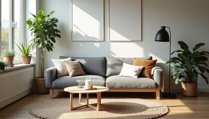Sunlit Scandinavian Living Room Featuring Gray Sofa And Plants Generate Ai