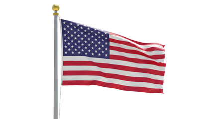 Fototapeta premium American flag waving on flagpole isolated on white background, USA patriotism and national symbol, perfect for Independence Day celebrations