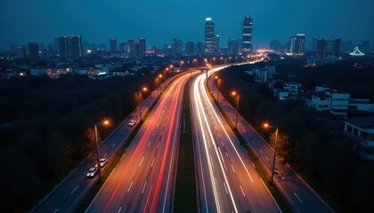 Fototapeta premium Aerial Night Highway Interchange With Glowing Urban City Lights Generate Ai