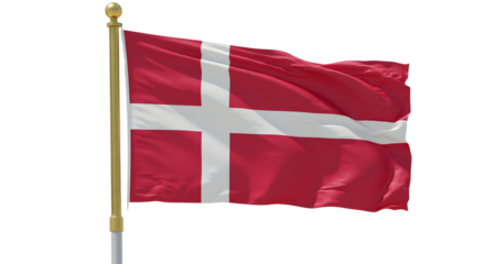 Denmark flag waving on flagpole with white cross on red background, national symbol of Denmark perfect for cultural and patriotic themes