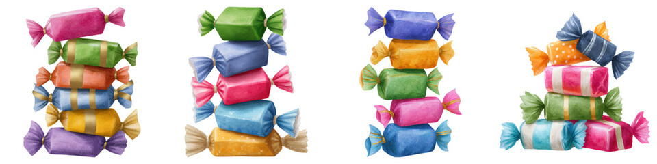 Happy diwali clipart watercolor, Colorful candies wrapped in vibrant paper, arranged in various stacks, showcasing an assortment of shapes and hues.