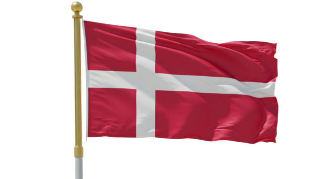 Denmark flag waving on flagpole with white cross on red background, national symbol of Denmark perfect for cultural and patriotic themes