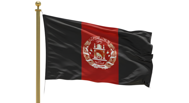Flag of Afghanistan waving in the wind on a flagpole isolated on white background for patriotic and national identity displays