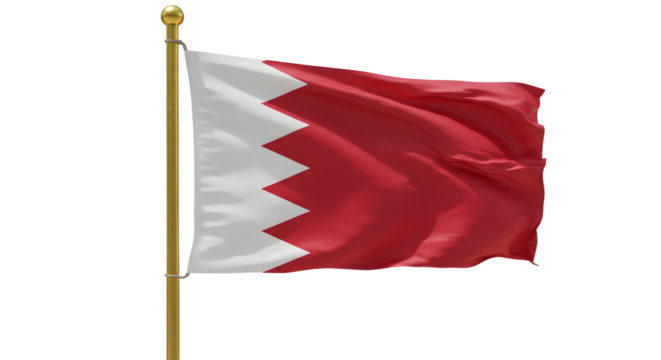 Flag of Bahrain waving on a golden flagpole isolated on white background, national symbol of Bahrain perfect for cultural and patriotic themes