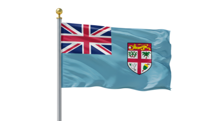 Flag of Fiji waving on flagpole against white background, national symbol of Fiji, perfect for cultural and travel projects