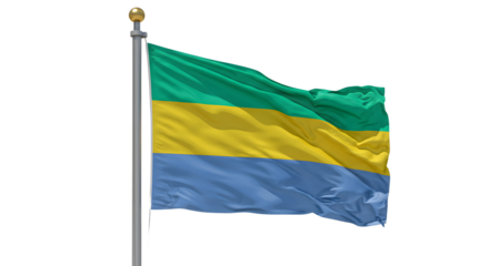 Flag of Gabon waving on flagpole against white background, national symbol for independence and patriotism
