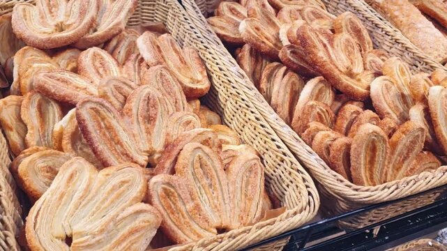 Footage of the various bread products in the bakery shop. Food