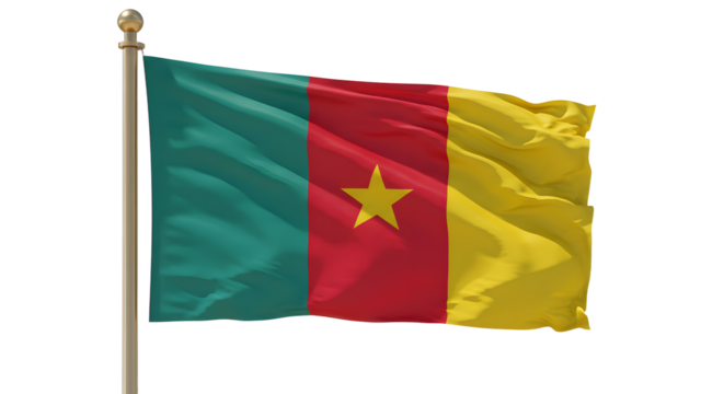 Flag of Cameroon waving on flagpole with blue sky background, symbol of African nation and pride