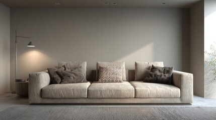 A modern living room corner with minimalist design features a plush tan sofa, throw pillows, sleek floor lamp,