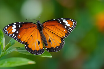 Fototapeta premium Close up of a monarch butterfly perched on a green leaf with its wings fully spread open in nature