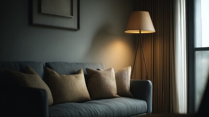 A cozy living space with a dark blue textured couch, beige and brown cushions, warm floor lamp light,