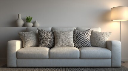 Fototapeta premium Modern living room with a beige sofa featuring textured cushions, white shelf with greenery, warm floor lamp,